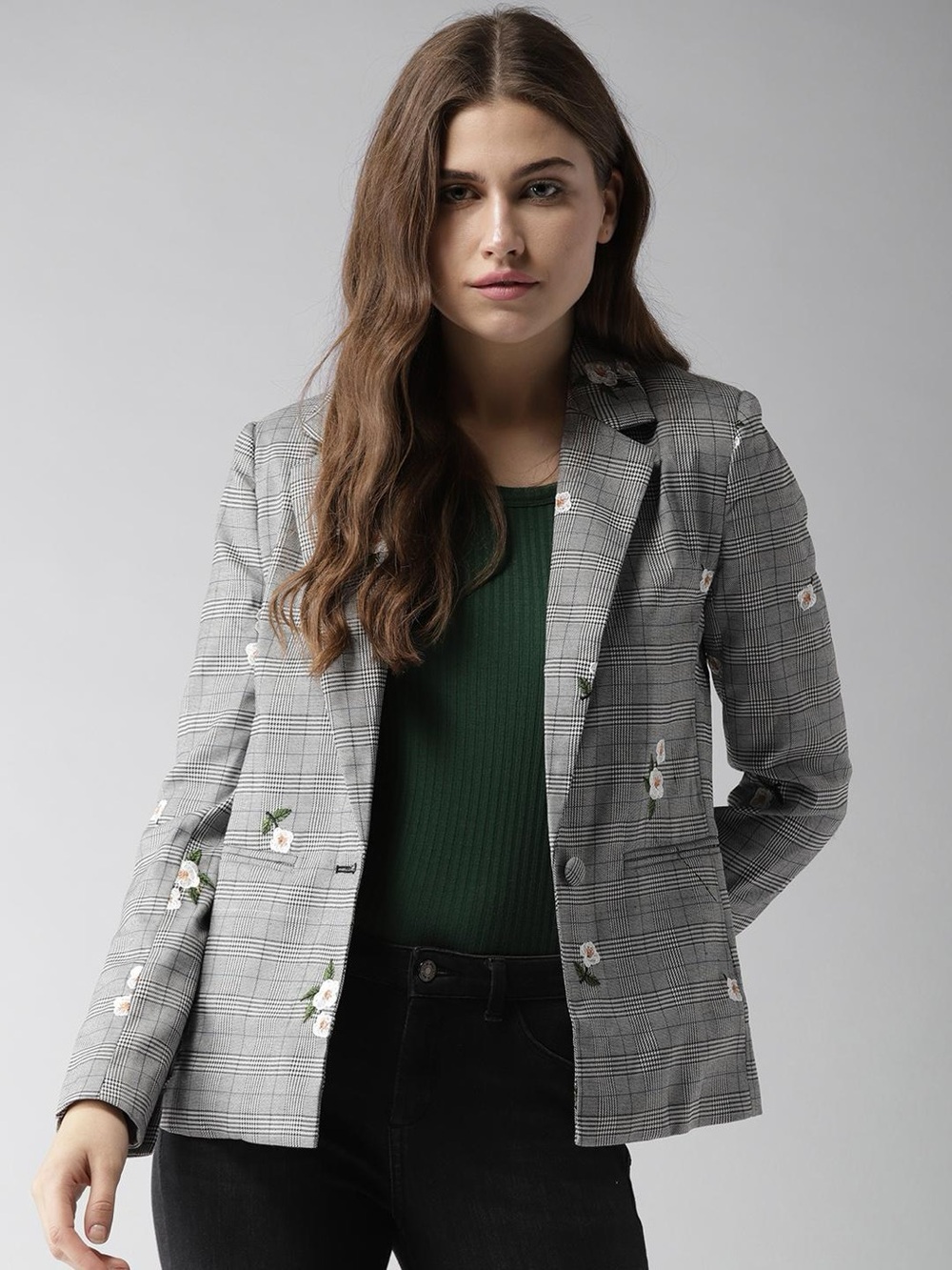 Forever 21 Gray Plaid Blazer with White Floral Embroidery